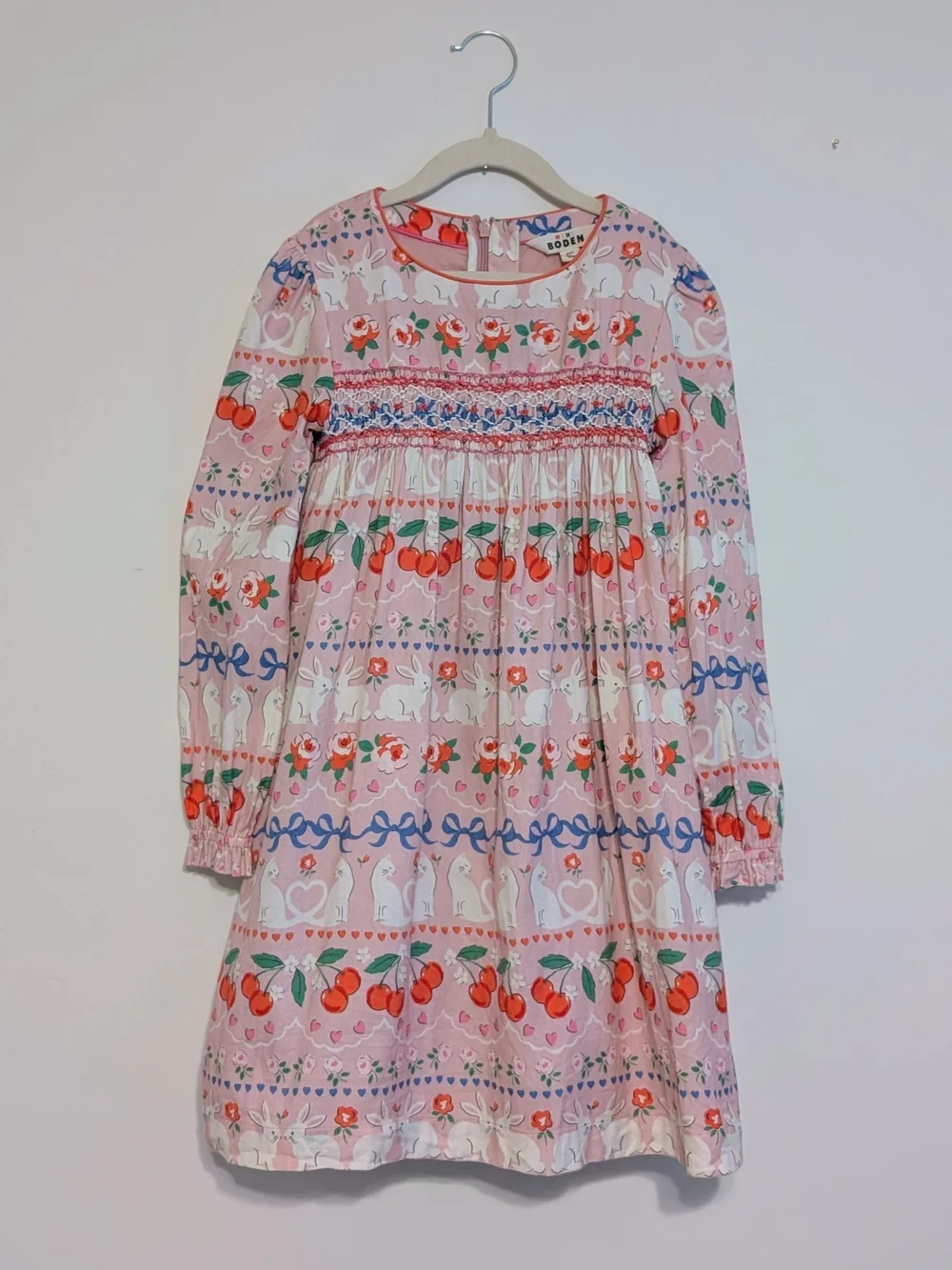 Mini Boden Girls Smocked Pink Dress with Long Sleeves 8-9Y